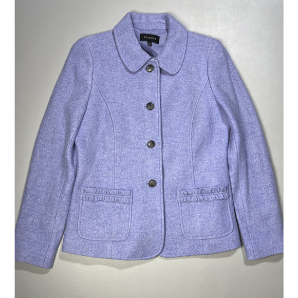 Talbots Tweed Blazer Jacket Womens 6 Lavender Purple Wool Blend Ruffle Trim - Picture 1 of 14